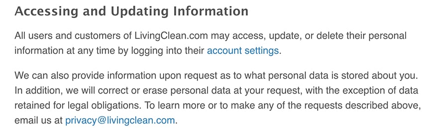 Living Clean Privacy Policy: Accessing and Updating Information clause