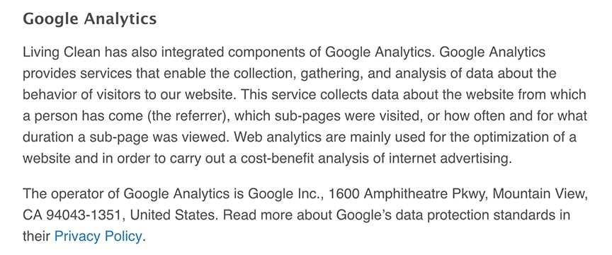 Living Clean Privacy Policy: Google Analytics clause