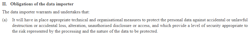 Example of model contract clause for obligations of a data importer