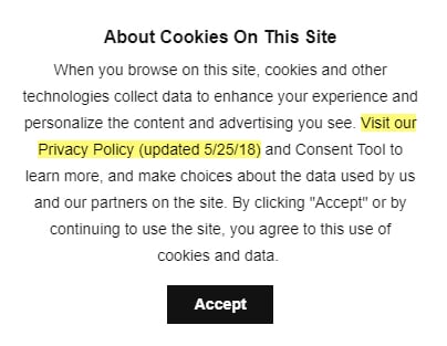 New Yorker cookies notice with Privacy Policy link highlighted