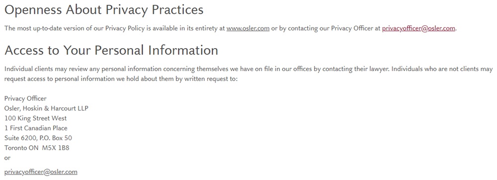 Osler Privacy Policy: Openness about Privacy Practices and Access to Your Personal Information contact clauses
