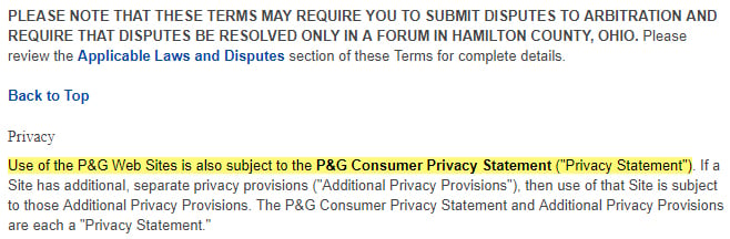 Proctor and Gamble Terms of Use: Privacy clause