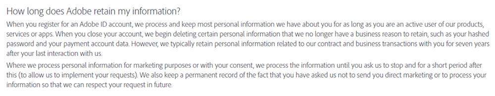 Adobe Privacy Policy: Data retention clause