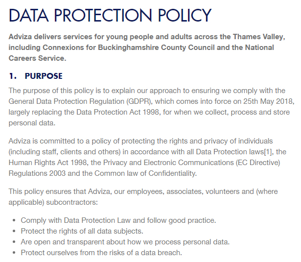 Adviza Data Protection Policy: Purpose clause