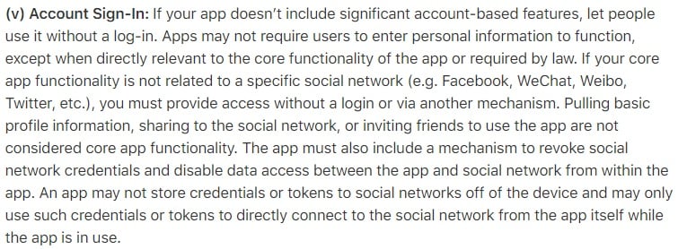 Apple App Store Review Guidelines: Account Sign-In clause