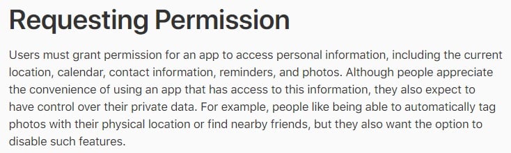 Apple Developer Human Interface Guidelines: Requesting Permission requirements section