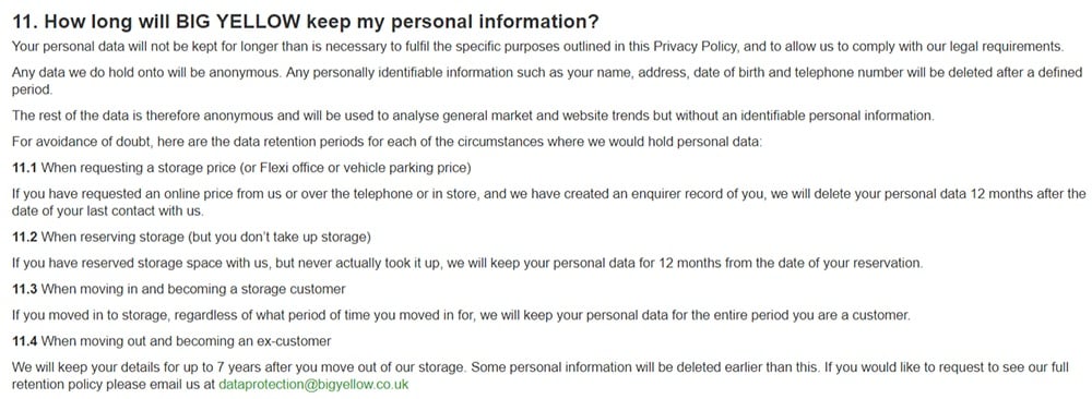 Big Yellow Privacy Policy: excerpt of data retention clause