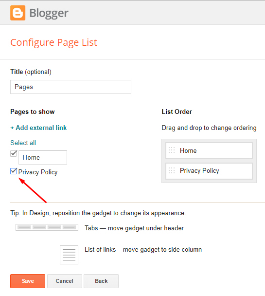 Blogger Page gadget Configure Page List screen with Privacy Policy highlighted
