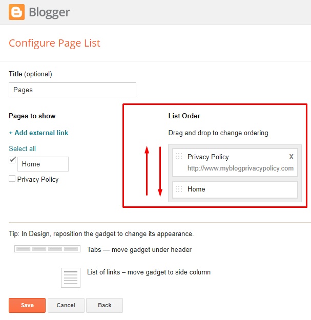 Blogger Page gadget Configure page list screen with list order section highlighted