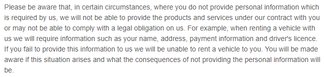 Budget UK Privacy Policy: Clause for required personal information needed to process a contract