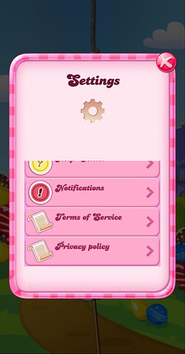 Candy Crush Saga Android app: Settings menu screen with links