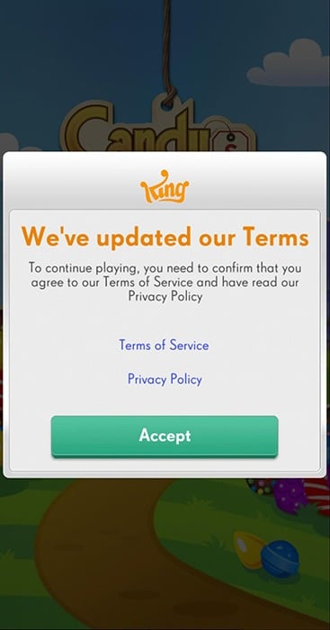 Candy Crush Saga Android app: Updated Terms screen with Accept button