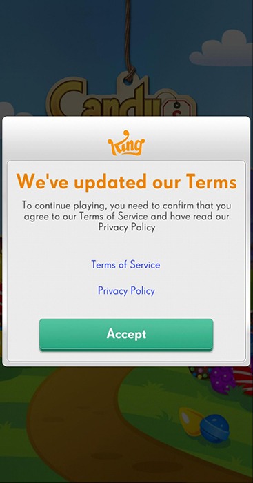 Candy Crush Saga Android app: Updated Terms screen with Accept button