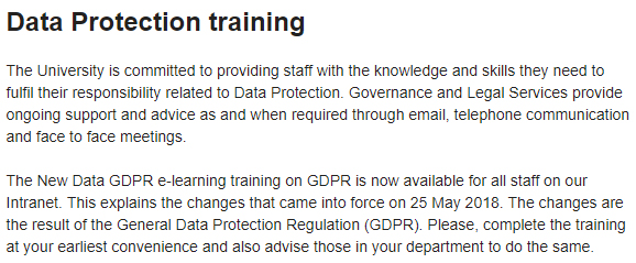 Canterbury Christ Church University Data Protection Policy: Data Protection Training clause