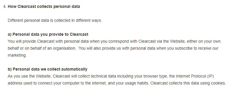 Clearcast Privacy Policy: How Clearcast collects personal data clause