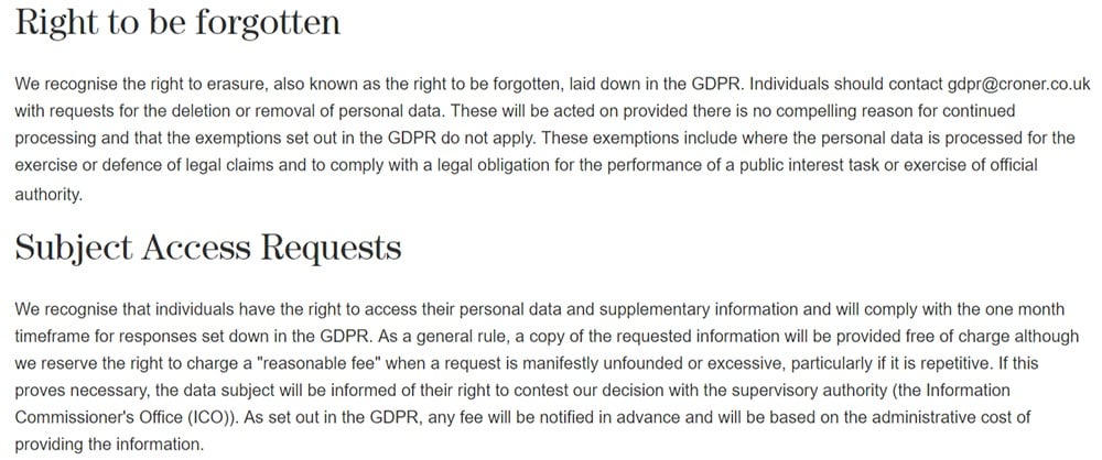 Croner Group GDPR Compliance Statement: Right to be Forgotten and Subject Access Requests sections