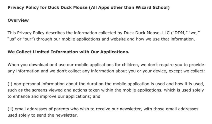 Duck Duck Moose Privacy Policy: We Collect Limited Information With Our Application clause