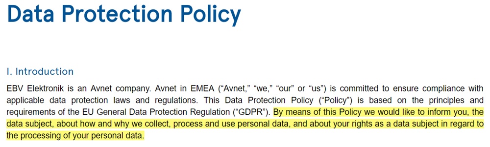 EBV Elektronik Data Protection Policy: Introduction clause