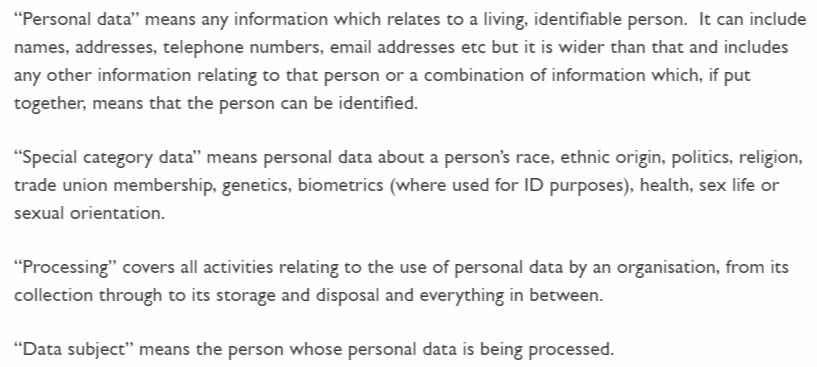 Edgbaston Park Hotel Privacy Policy: Excerpt of Definitions clause