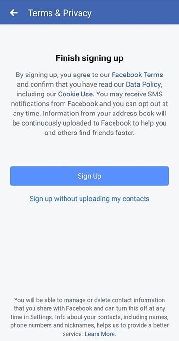 Facebook app sign-up screen with Data Policy link