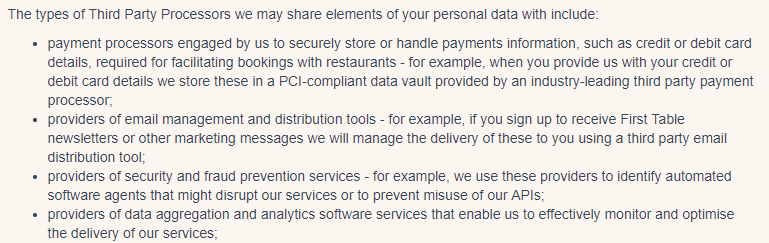 First Table Privacy Policy: Excerpt of clause about sharing personal data with third party processors