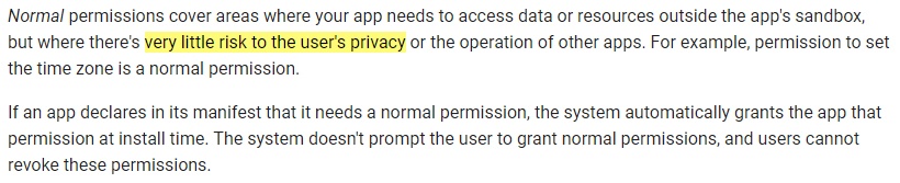 Google Android Developers documentation: Permissions overview - Normal definition
