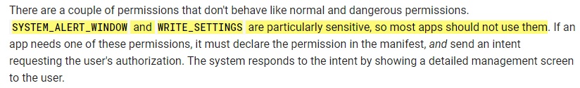 Google Android Developers documentation: Permissions overview - Sensitive definition