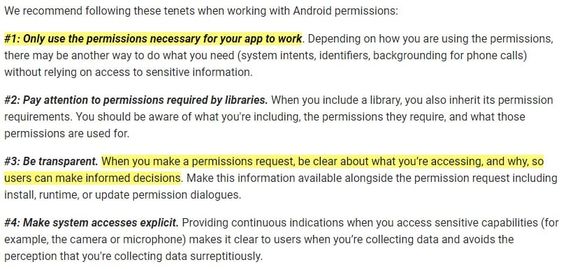 Google Developers Documentation: App Permissions Best Practices - Only use permissions necessary and be clear in request sections