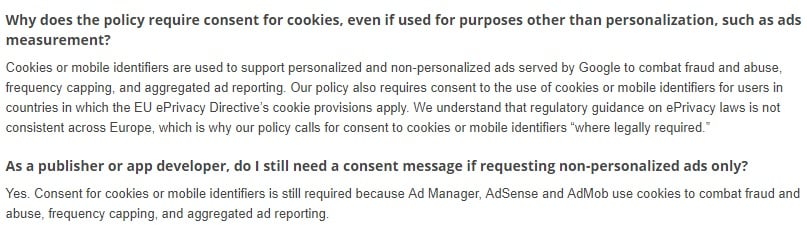 Google Help with the EU User Consent Policy: Why does the policy require consent for cookies for ads measurement and non-personalized ads sections