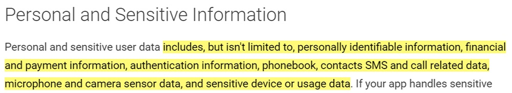 Google Play Privacy Security and Deception: Personal and Sensitive Information definition