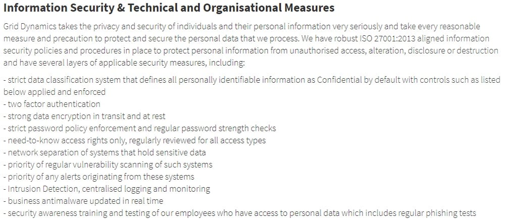 Grid Dynamics GDPR Compliance Statement: Information Security and Technical and Organisational Measures section