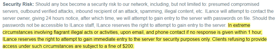 ILance Acceptable Use Policy: Security Risk clause with fine section highlighted