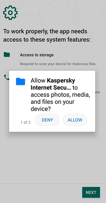 Kaspersky app permission request screen with Allow and Deny options