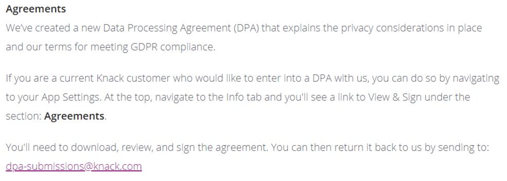 Knack GDPR Compliance Statement: Agreements section