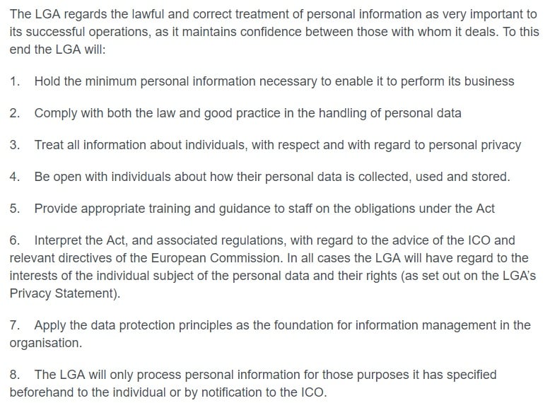 LGA Data Protection Policy: Summary of Principles clause excerpt