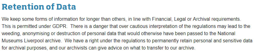 Liverpool Museums GDPR Compliance Statement: Retention of Data section