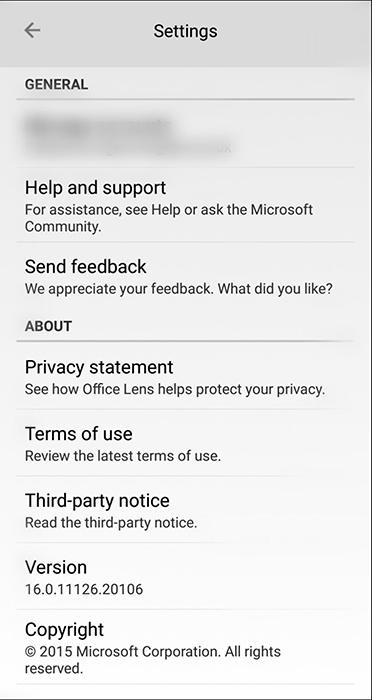 Microsoft Office Lens Android app Settings screen