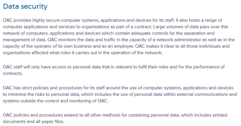 OAC Data Protection Policy: Data Security clause