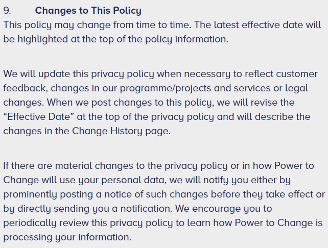 Power to Change Privacy Policy: Changes to this policy clause