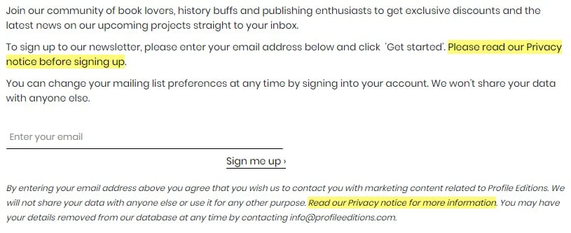 Profile Editions email newsletter sign-up form with Privacy Policy highlighted