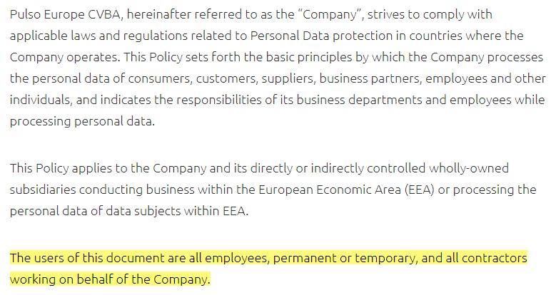 Pulso Personal Data Protection Policy: Purpose, Scope and Users clause with users section highlighted