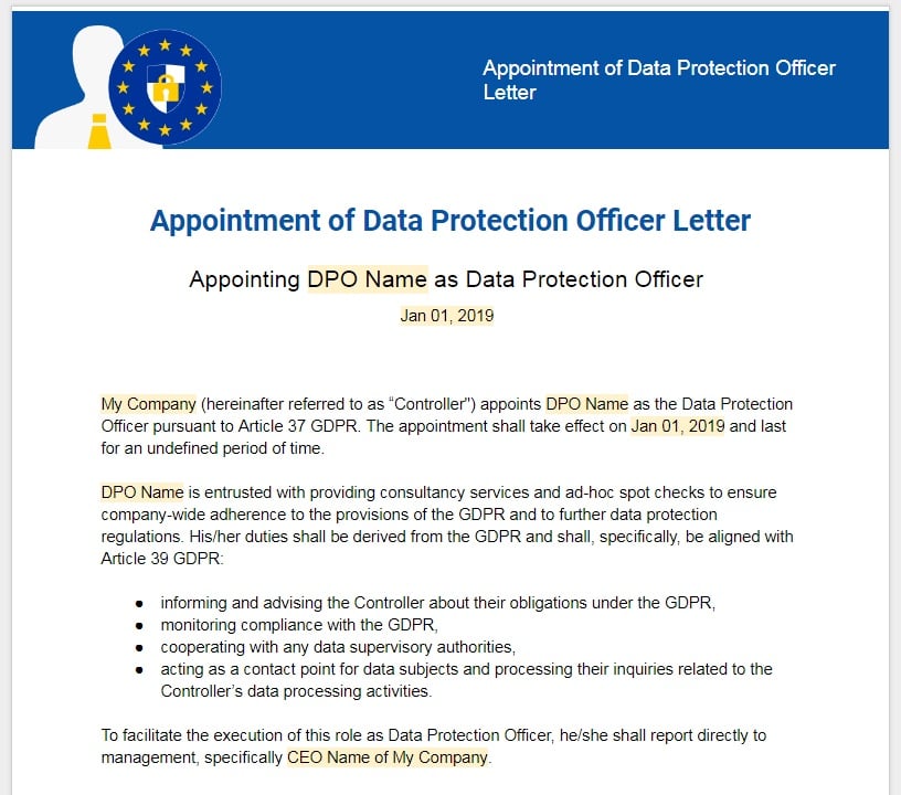 Sample: GDPR Appointment of Data Protection Officer Template