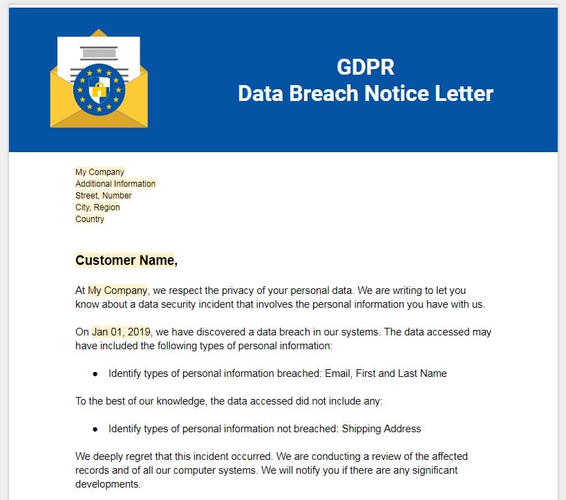 Gdpr Data Breach Notice Letter Termsfeed