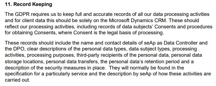 seAp Data Protection Policy: Record Keeping clause excerpt
