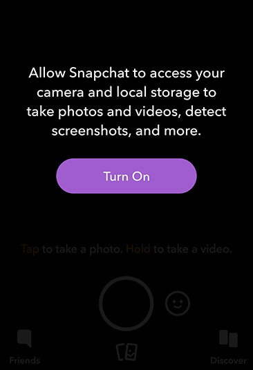 Snapchat app permission request screen to access camera and local storage
