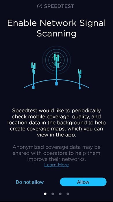 Speedtest App: Enable network signal scanning and share with third parties permissions request screen