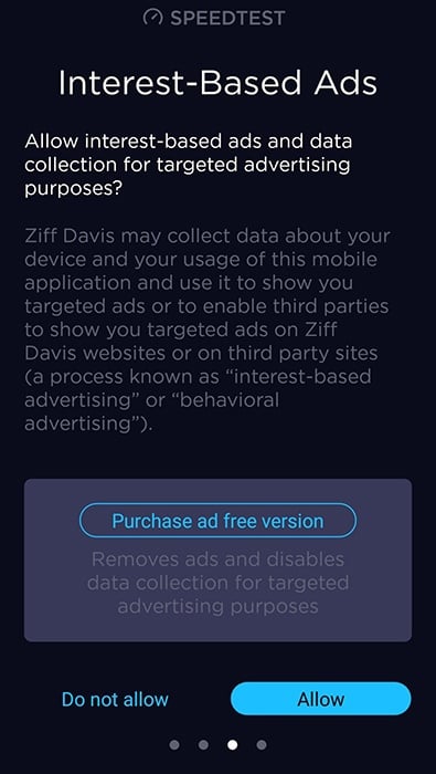 Speedtest app: Permissions request screen for interest-based ads