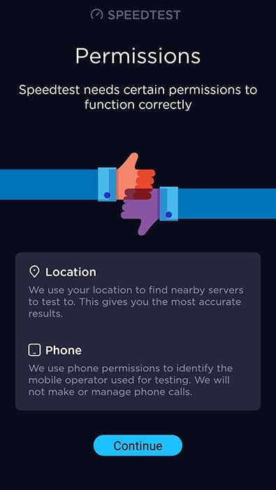 Speedtest app Permissions Request screen