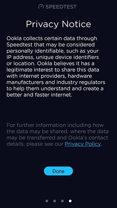 Speedtest app Privacy Notice screen