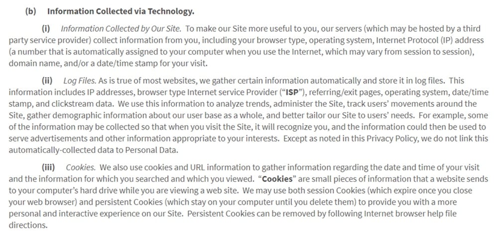 Synthorx Privacy Policy: Excerpt of Information Collected via Technology clause